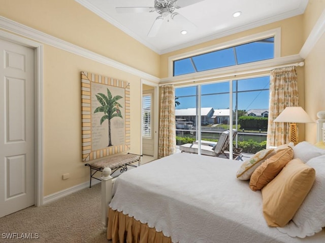 carpeted bedroom featuring recessed lighting, a ceiling fan, baseboards, and ornamental molding