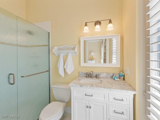 full bathroom with vanity, toilet, and a shower stall