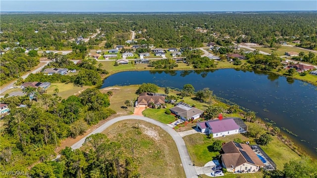 bird's eye view featuring a forest view and a water view