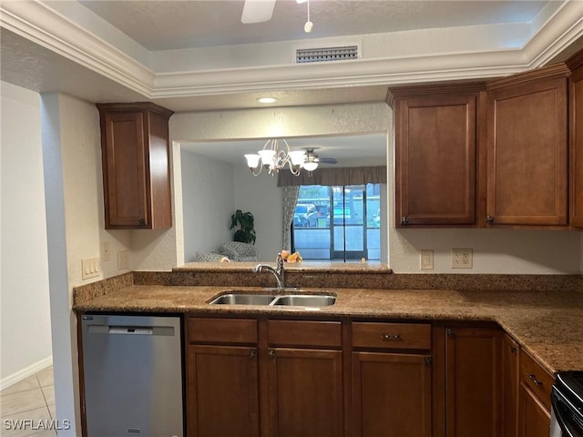 kitchen featuring visible vents, ceiling fan with notable chandelier, a sink, stainless steel dishwasher, and light tile patterned flooring