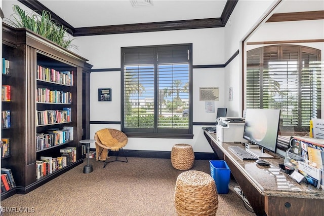 office space with baseboards, carpet floors, and ornamental molding