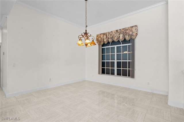 empty room featuring a chandelier, crown molding, and baseboards