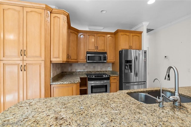 kitchen featuring a sink, light stone countertops, and stainless steel appliances