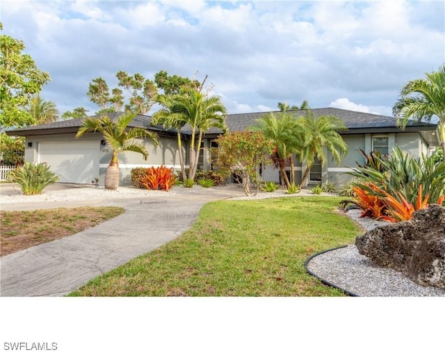 view of front facade featuring stucco siding, driveway, an attached garage, and a front yard