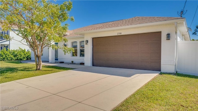 ranch-style home with a front yard, fence, driveway, stucco siding, and a garage