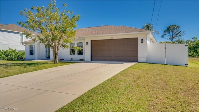 view of front facade featuring a garage, driveway, a front yard, and stucco siding