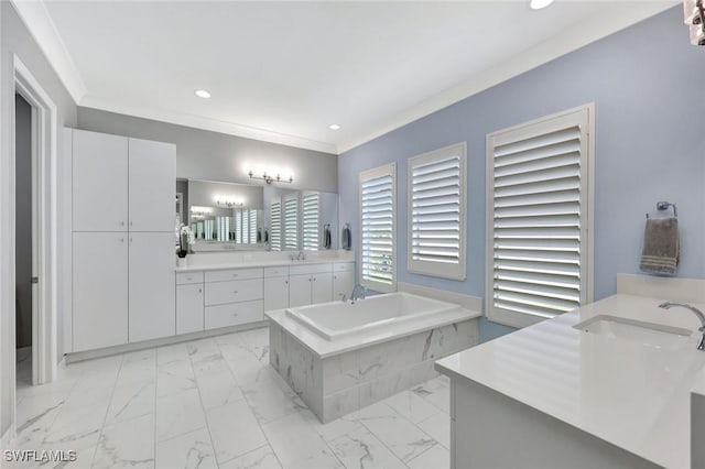 bathroom with a sink, two vanities, marble finish floor, and ornamental molding