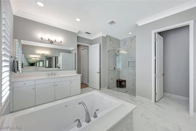 bathroom with a marble finish shower, visible vents, crown molding, a bath, and marble finish floor