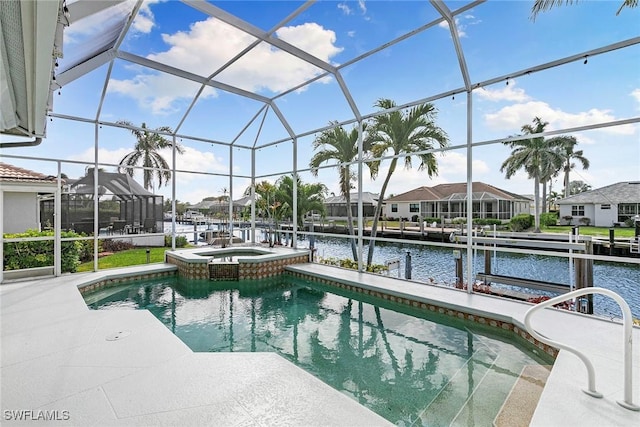 view of swimming pool featuring a lanai, a patio area, a water view, and a residential view