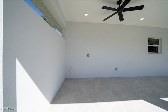 empty room with carpet flooring, recessed lighting, and ceiling fan