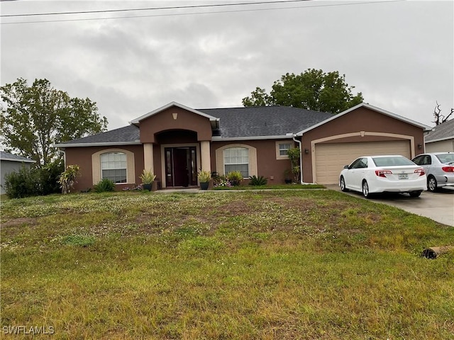 single story home with stucco siding, driveway, a front lawn, and a garage