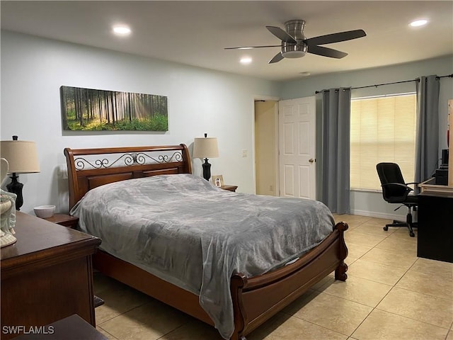 bedroom featuring a ceiling fan, light tile patterned flooring, and recessed lighting