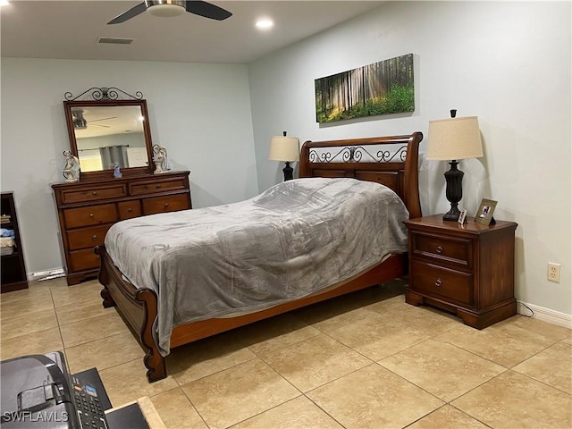 bedroom with visible vents, baseboards, light tile patterned floors, recessed lighting, and a ceiling fan