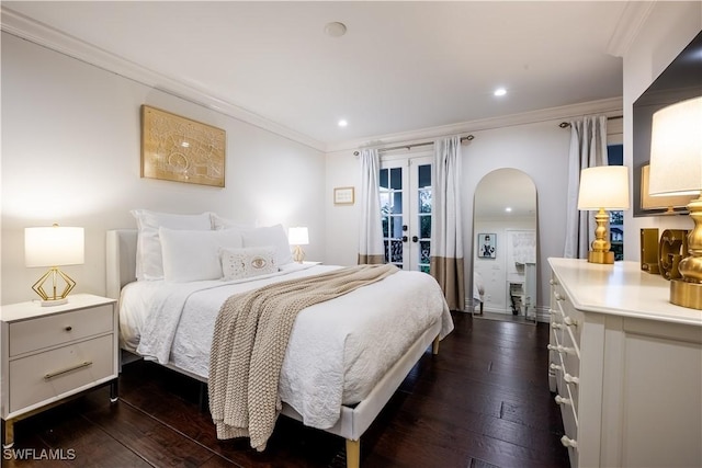 13189 Valewood Dr, Naples, FL 34119 - bedroom featuring ornamental molding, access to outside, dark wood-style floors, arched walkways, and french doors