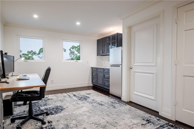 13189 Valewood Dr, Naples, FL 34119 - home office featuring dark wood-style floors, ornamental molding, and recessed lighting
