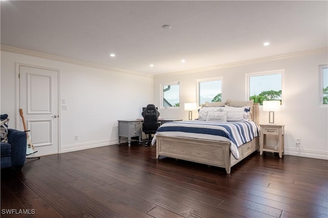 13189 Valewood Dr, Naples, FL 34119 - bedroom with crown molding, multiple windows, dark wood-style flooring, an office area, and recessed lighting