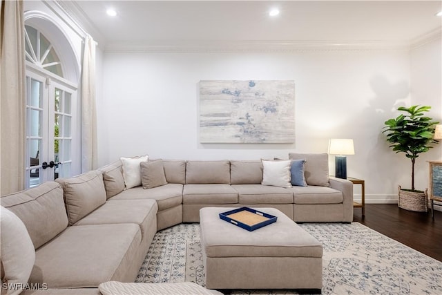13189 Valewood Dr, Naples, FL 34119 - living room featuring wood finished floors, ornamental molding, french doors, and recessed lighting