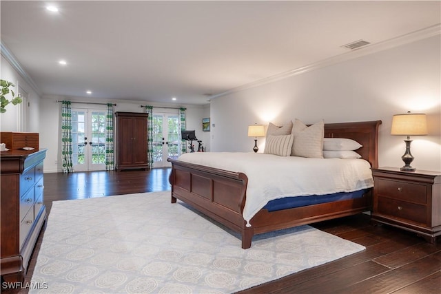 13189 Valewood Dr, Naples, FL 34119 - bedroom featuring french doors, crown molding, hardwood / wood-style flooring, recessed lighting, and access to exterior