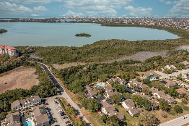 drone / aerial view with a water view