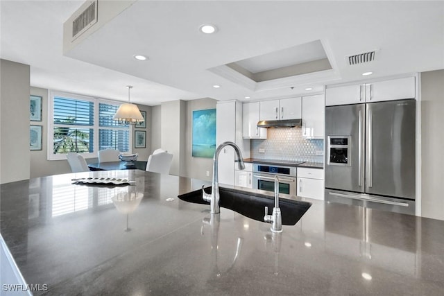 kitchen with visible vents, under cabinet range hood, a tray ceiling, stainless steel appliances, and white cabinetry