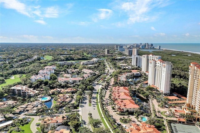 drone / aerial view with a view of city and a water view