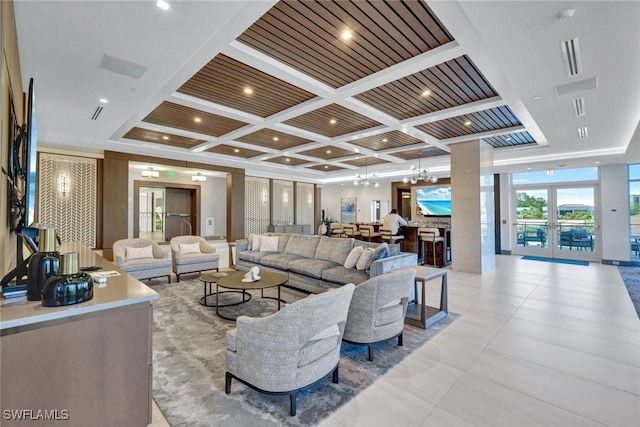 living room with light tile patterned floors and coffered ceiling