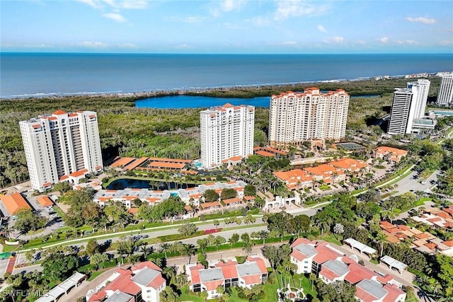 aerial view with a city view and a water view