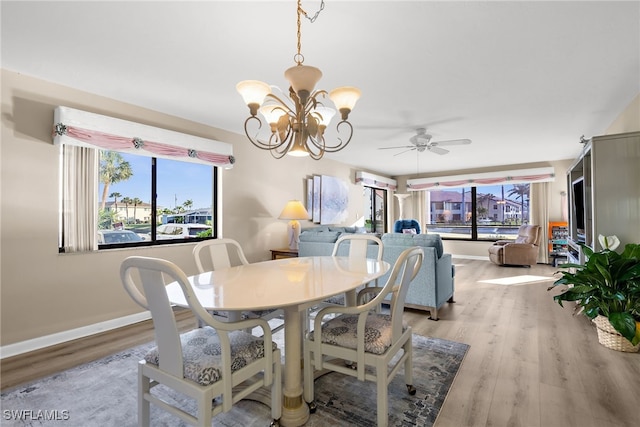 dining room with wood finished floors, a healthy amount of sunlight, and baseboards