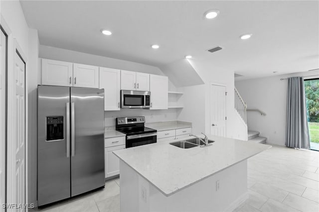 kitchen featuring a sink, white cabinets, visible vents, and stainless steel appliances