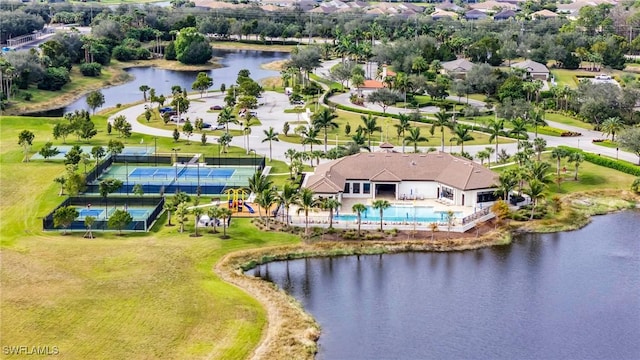 aerial view featuring a water view