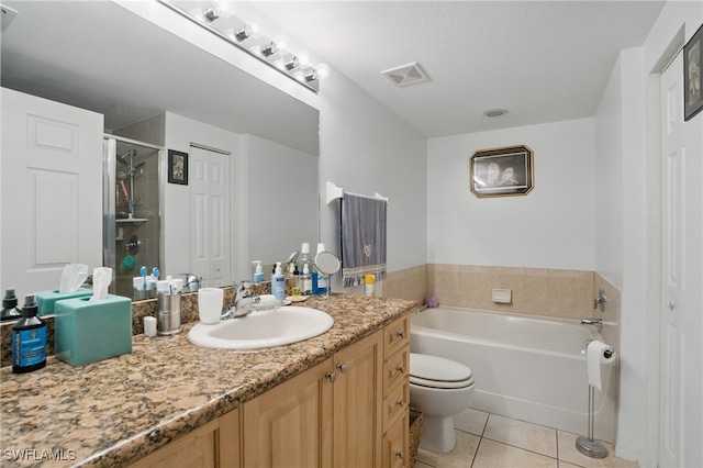 full bathroom featuring tile patterned floors, visible vents, a shower stall, a bath, and vanity