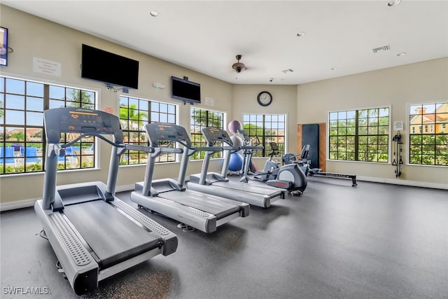 exercise room with visible vents, recessed lighting, and baseboards