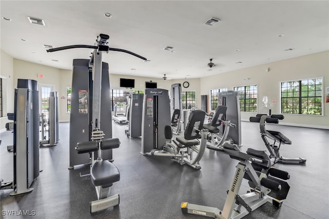 workout area with baseboards, visible vents, and a wealth of natural light