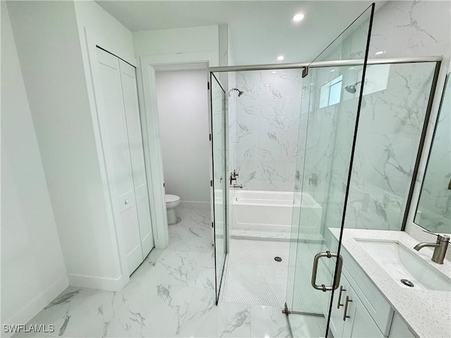 bathroom with a shower stall, toilet, recessed lighting, and marble finish floor