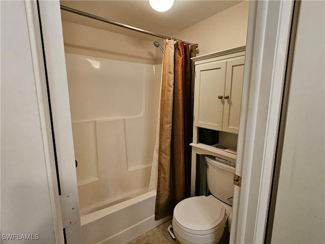 bathroom with toilet and shower / bathtub combination with curtain