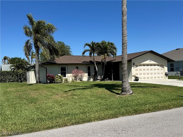 ranch-style house featuring stucco siding, concrete driveway, a front lawn, and a garage