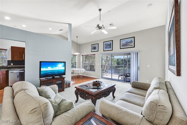 living room featuring visible vents, recessed lighting, light wood-style flooring, and a ceiling fan