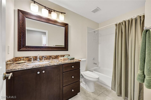 full bath featuring visible vents, toilet, shower / tub combo, tile patterned floors, and vanity