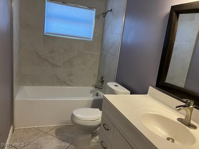 full bathroom featuring shower / bath combination, toilet, vanity, and tile patterned flooring