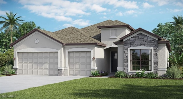 view of front of property featuring stucco siding, driveway, a front lawn, stone siding, and a garage