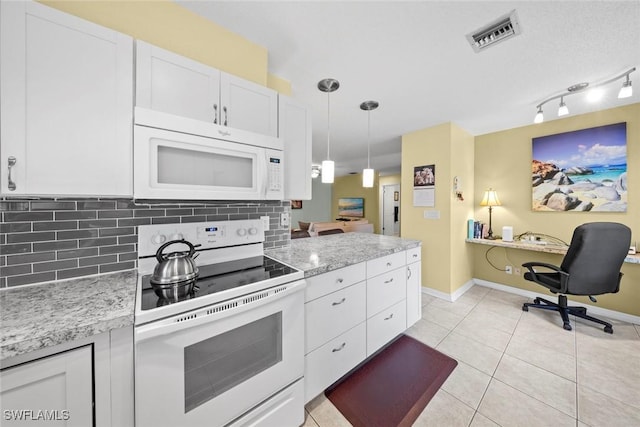 kitchen featuring tasteful backsplash, visible vents, light tile patterned floors, white cabinets, and white appliances