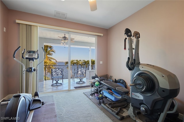 workout room with visible vents, a ceiling fan, and carpet floors