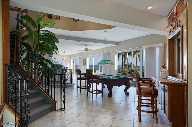 game room with light tile patterned floors, recessed lighting, billiards, and ceiling fan