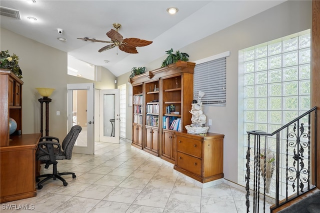 office featuring visible vents, lofted ceiling, french doors, marble finish floor, and a ceiling fan