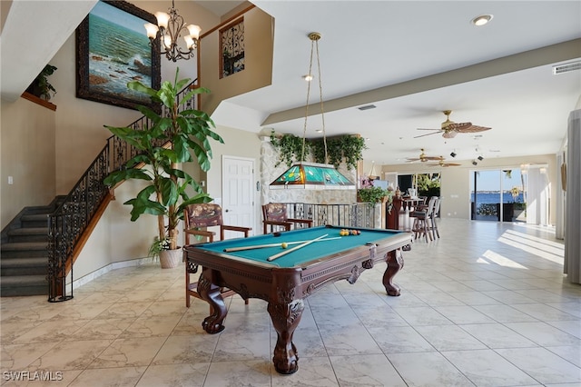 rec room featuring baseboards, visible vents, ceiling fan, pool table, and marble finish floor