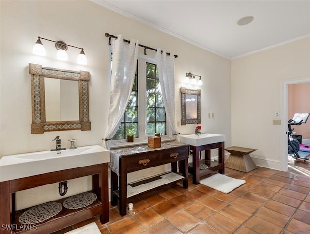 full bath with tile patterned floors and ornamental molding