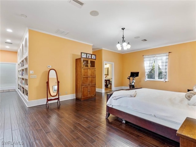 bedroom with visible vents, baseboards, a chandelier, and dark wood-style flooring