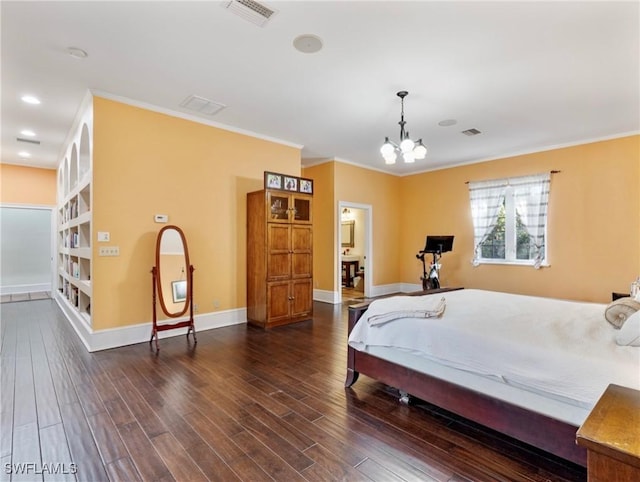 bedroom with visible vents, an inviting chandelier, baseboards, and dark wood-style flooring