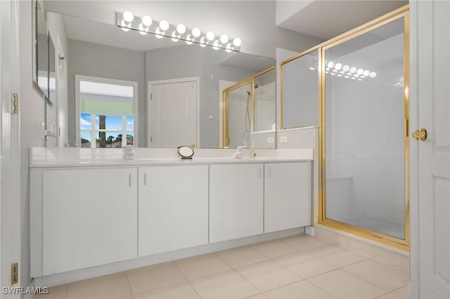 bathroom with vanity, a shower stall, and tile patterned flooring