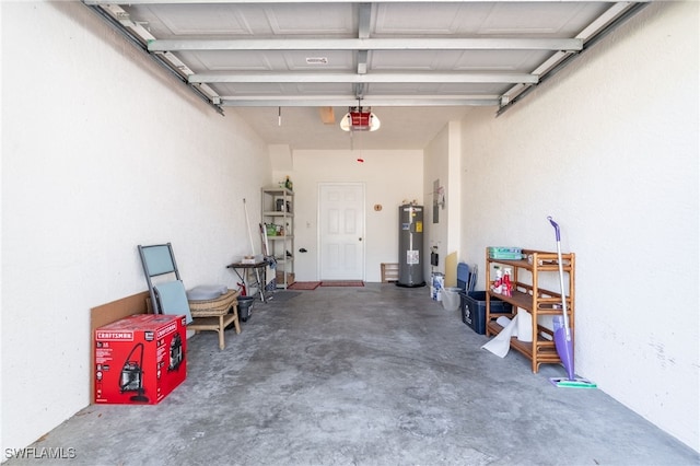 garage with water heater and a garage door opener